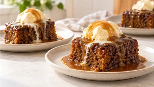 Sticky toffee pudding z kawowym sosem toffi i lodami