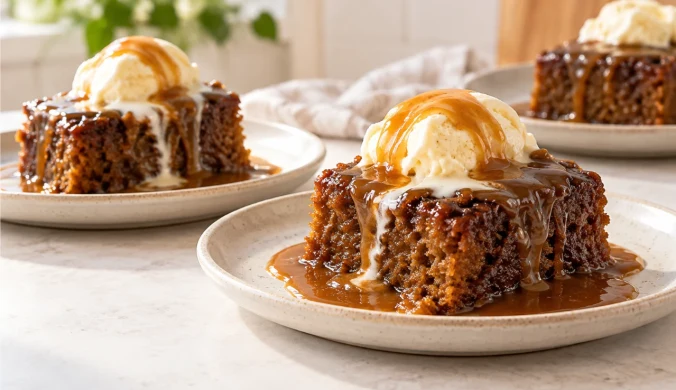 Sticky toffee pudding z kawowym sosem toffi i lodami
