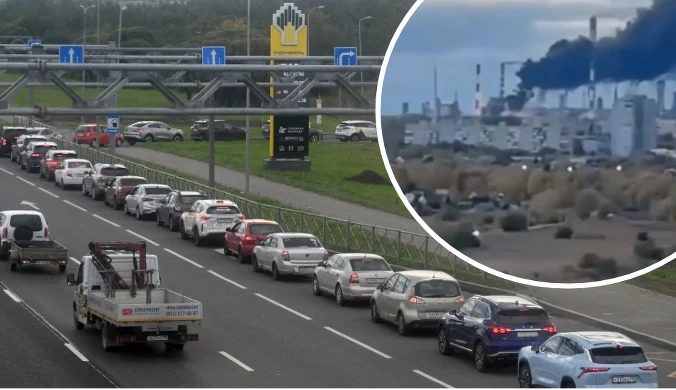 Na zdjęciu głównym widać kolejkę samochodów do stacji benzynowej w Petersburgu (AFP), w prawym górnym rogu screen z nagrania tuż po ataku w Omsku