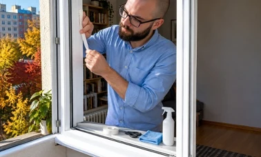 Mężczyzna nakleja białą samoprzylepną uszczelkę na ramę otwartego okna w mieszkaniu w bloku