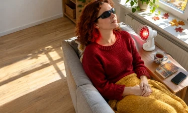 Kobieta w okularach ochronnych grzeje kark lampą na podczerwień ustawioną na stoliku przy kanapie