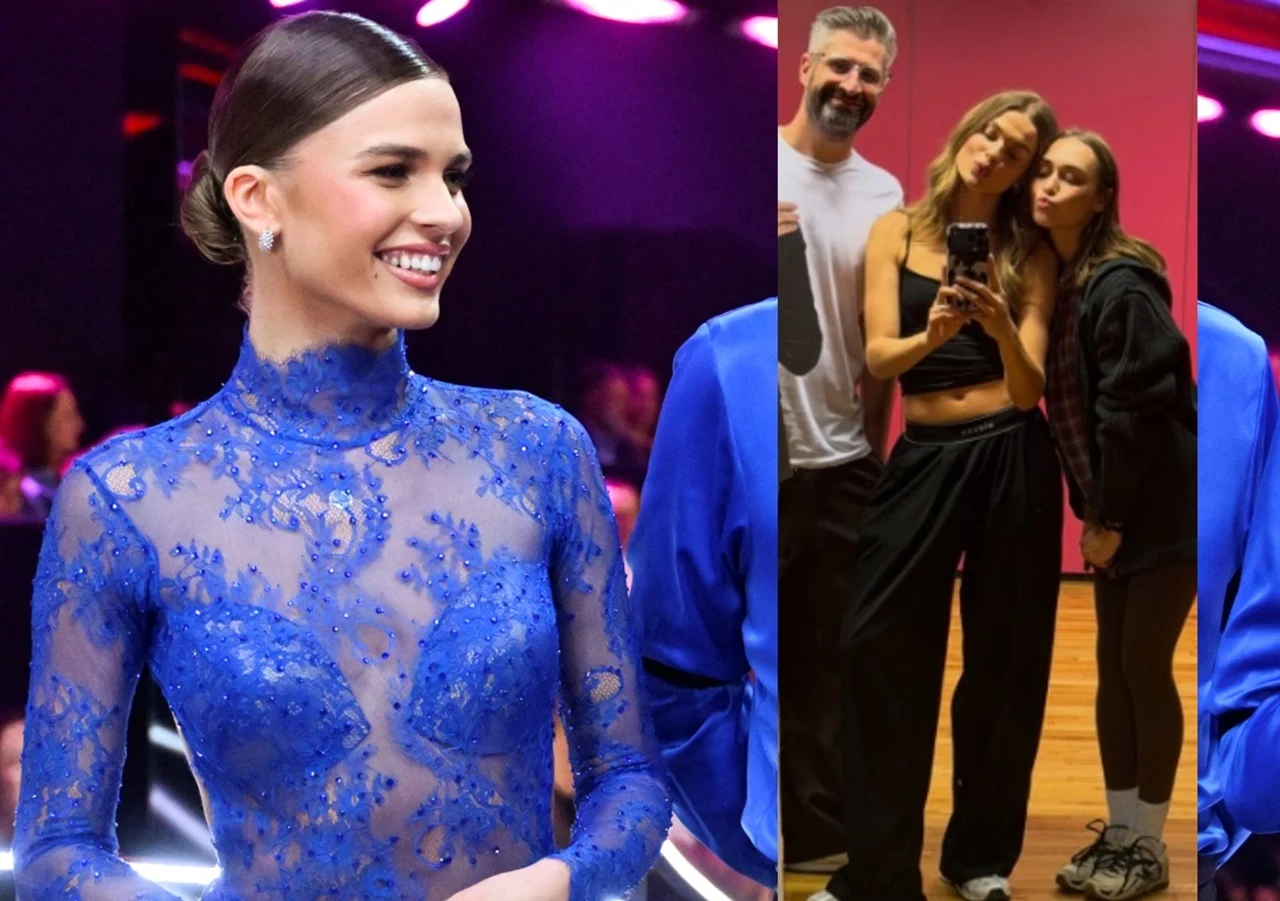 Julia Suryś świętowała urodziny m.in. z Piotrem Gumulcem i Darią Sytą-Grobelną Młoda kobieta w eleganckiej, półprzezroczystej niebieskiej sukni z koronkowymi zdobieniami uśmiecha się szeroko; obok selfie trzech osób w luźnych, sportowych ubraniach na tle jasnej podłogi i różowego oświetlenia.