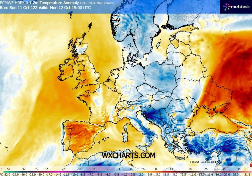 Do Polski napłyną nowe masy chłodnego powietrza. W ciągu dnia nawet w najcieplejszych miejscach nie będzie więcej niż kilkanaście stopni Mapa Europy ilustrująca anomalię temperatury powietrza, z wyraźnym ochłodzeniem w środkowo-wschodniej części kontynentu oraz podwyższonymi temperaturami po stronie zachodniej i południowo-zachodniej, a także intensywnie ciepłymi obszarami w Rosji.