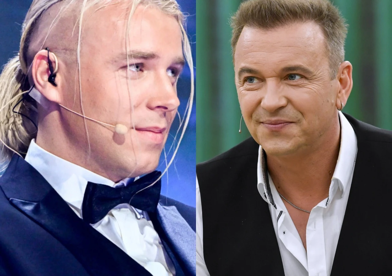 Skolim, Radek Liszewski Radek Liszewski i Skolim na zestawieniu zdjęć. Artyści mają na sobie eleganckie stroje i mikrofony nagłowne.