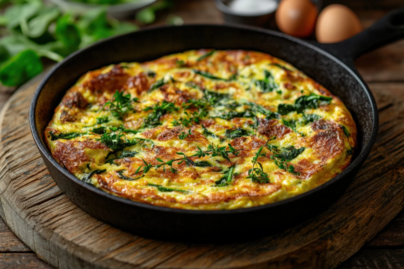 Idealne śniadanie na chłodny poranek to sycący omlet. Sycący omlet ze szpinakiem i świeżymi ziołami podany w żeliwnej patelni na śniadanie.