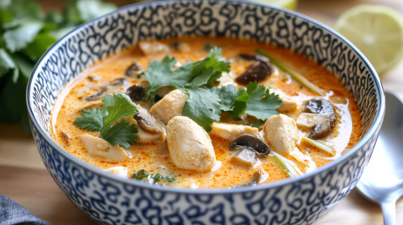Tom yum z kurczakiem to sycąca i rozgrzewająca zupa na chłodne dni Zupa tom yum z kurczakiem, pieczarkami i kolendrą w kremowym, lekko pomarańczowym bulionie.
