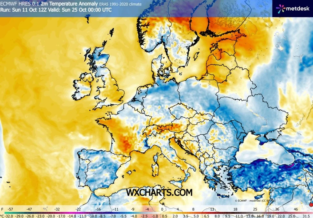Od początku października było ciepło i słonecznie, teraz warunki się zmieniły. W kolejnych tygodniach nastąpią kolejne zwroty w pogodzie Mapa Europy pokazująca anomalie temperatury przy powierzchni ziemi z wyraźnie zaznaczonymi obszarami ciepła na południu oraz chłodu na wschodzie i południowym wschodzie kontynentu.