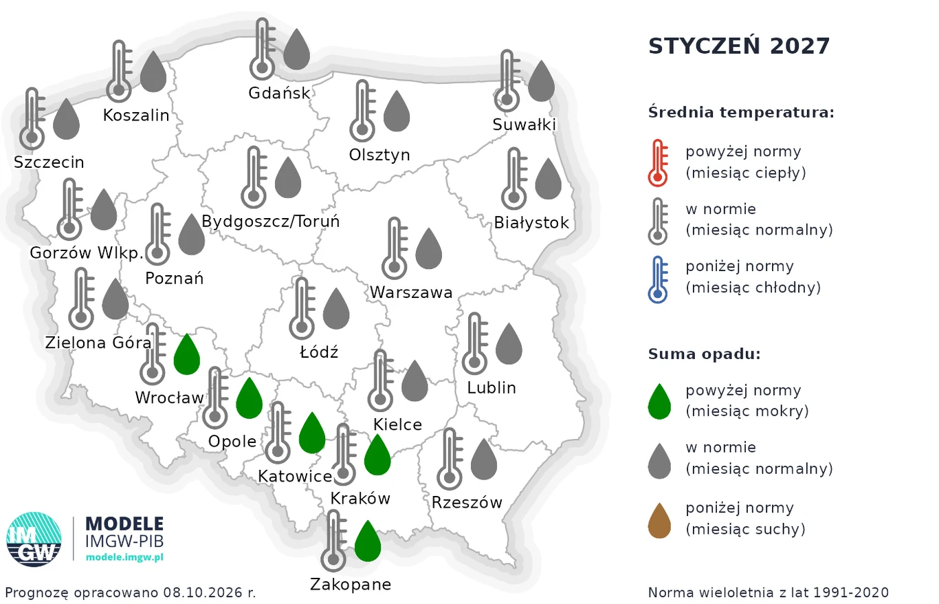 Styczeń na południu Polski może być bardziej śnieżny. Wartości na termometrach nie będą się różnić od typowych dla tego miesiąca Mapa Polski z prognozą pogody na styczeń 2027, prezentująca temperatury poniżej normy w większości kraju, szczególnie na północnym wschodzie, oraz sumy opadów powyżej normy w centralnej i południowej Polsce, zwłaszcza w okolicach Krakowa, Kielc, Katowi...