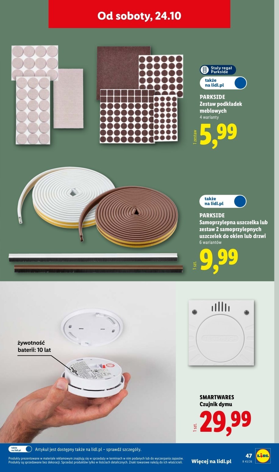 Strona gazetki Lidla z czujnikiem dymu Smartwares za 29,99 zł od soboty 24 października