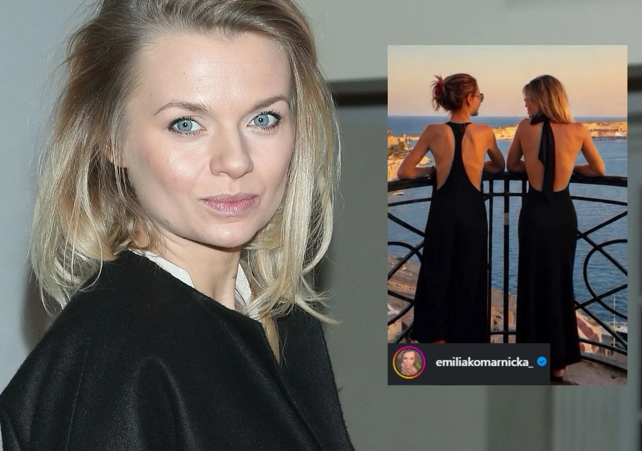 Emilia Komarnicka prezentuje uroczy kadr z siostrą. Kobieta o jasnych włosach patrzy wprost przed siebie, ubrana w ciemny strój, a w prawym dolnym rogu widoczne jest zdjęcie dwóch kobiet w czarnych sukniach, stojących tyłem przy balustradzie z widokiem na wodę i miasto.
