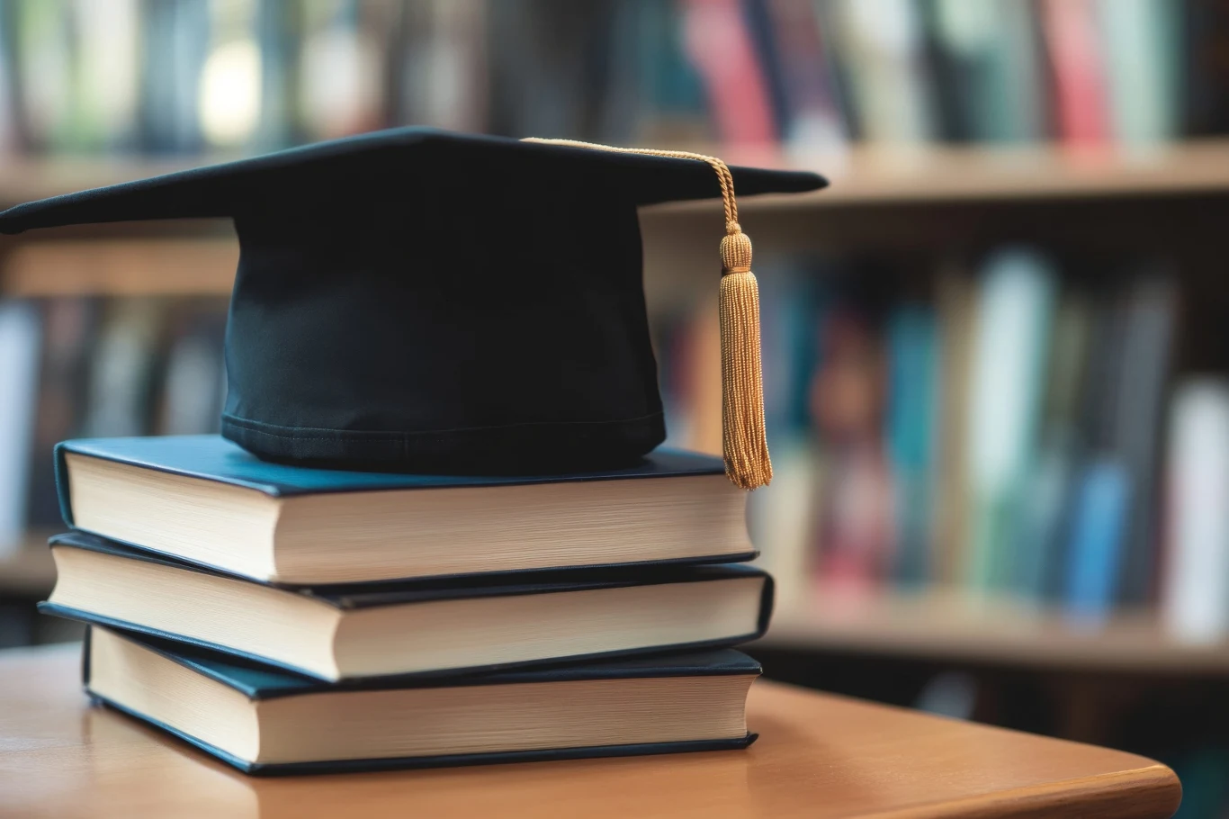 Studenci z Legionowa mogą liczyć na dodatkowe wsparcie. Miasto przygotowało 1200 zł. Stos książek z biretem akademickim na górze, w tle rozmyte półki z książkami, kontekst stypendium w Legionowie.