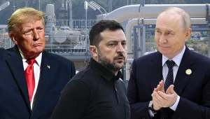 Donald Trump, Wołodymyr Zełenski i Władimir Putin na tle infrastruktury gazociągu Nord Stream 2