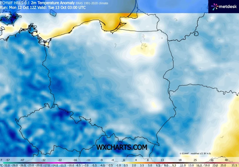 Lokalne przymrozki zanotujemy w tym tygodniu jeszcze wielokrotnie, choć przeważnie będą jeszcze dość słabe Mapa anomalii temperatury przy powierzchni Ziemi dla Polski i okolic, z przewagą odcieni niebieskiego wskazujących na znacznie niższe od normy wartości temperatur w centralnej i południowej części kraju, z lokalnymi obszarami cieplejszymi na północy i ...