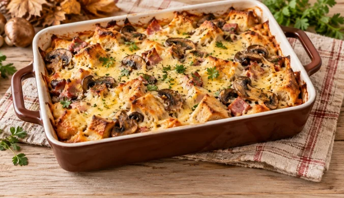 Zapiekanka grzybowa z czerstwego chleba i wędlin