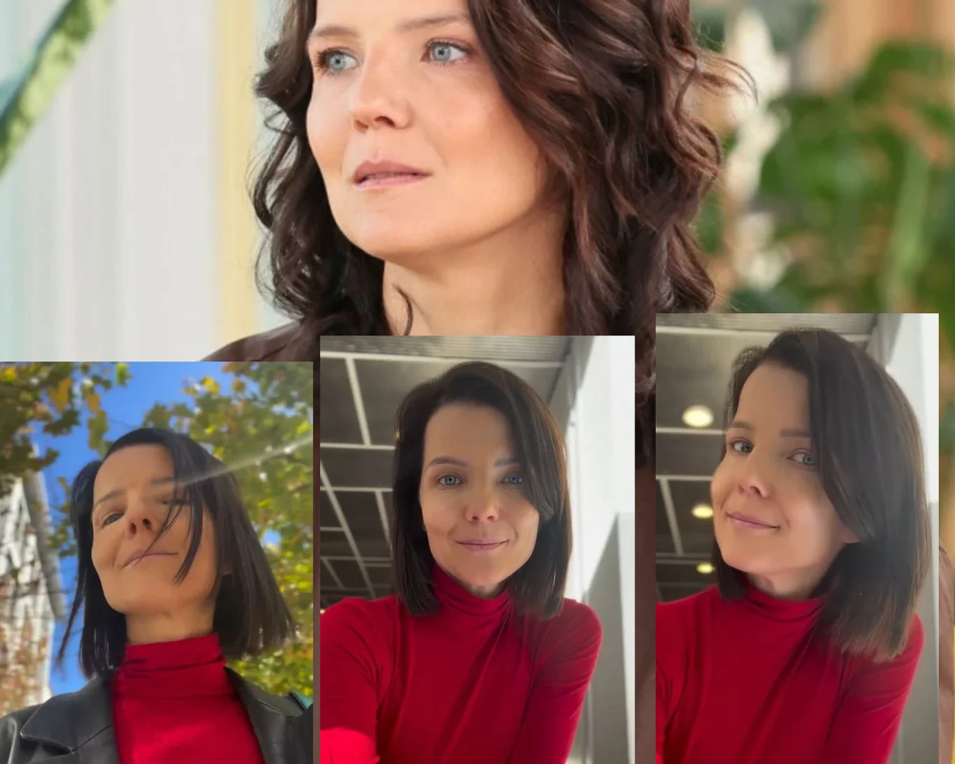 Joanna Jabłczyńska Kobieta o jasnej cerze, brązowych włosach i niebieskich oczach w różnych sceneriach, ubrana w czerwony golf i czarną kurtkę, z widocznymi naturalnymi lokami w jednym ujęciu oraz prostymi włosami w pozostałych.