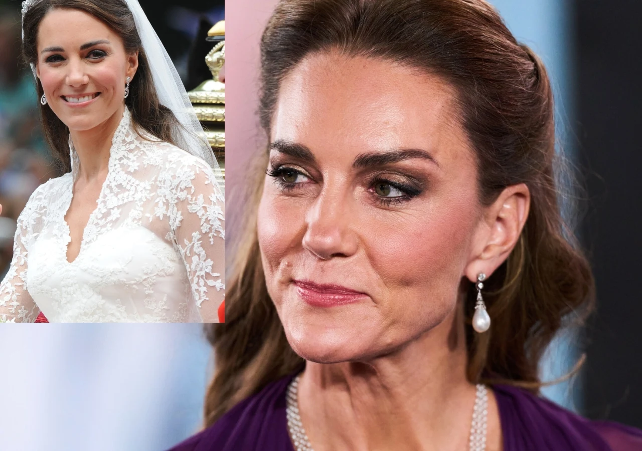 Księżna Kate w 2011 roku na swoim ślubie i w 2026 Kobieta w wieczorowej stylizacji z eleganckim makijażem i perłowymi kolczykami, w lewym górnym rogu mniejsze zdjęcie tej samej osoby w koronkowej sukni ślubnej z welonem.