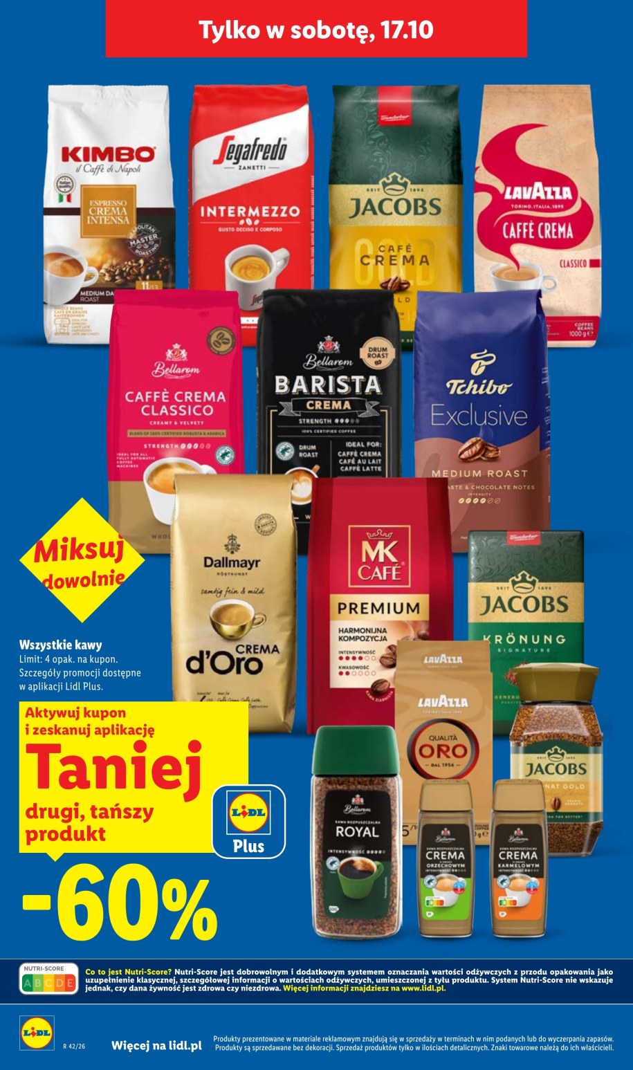 Strona gazetki Lidla z kuponem na wszystkie kawy: drugi, tańszy produkt 60% taniej tylko w sobotę 17.10