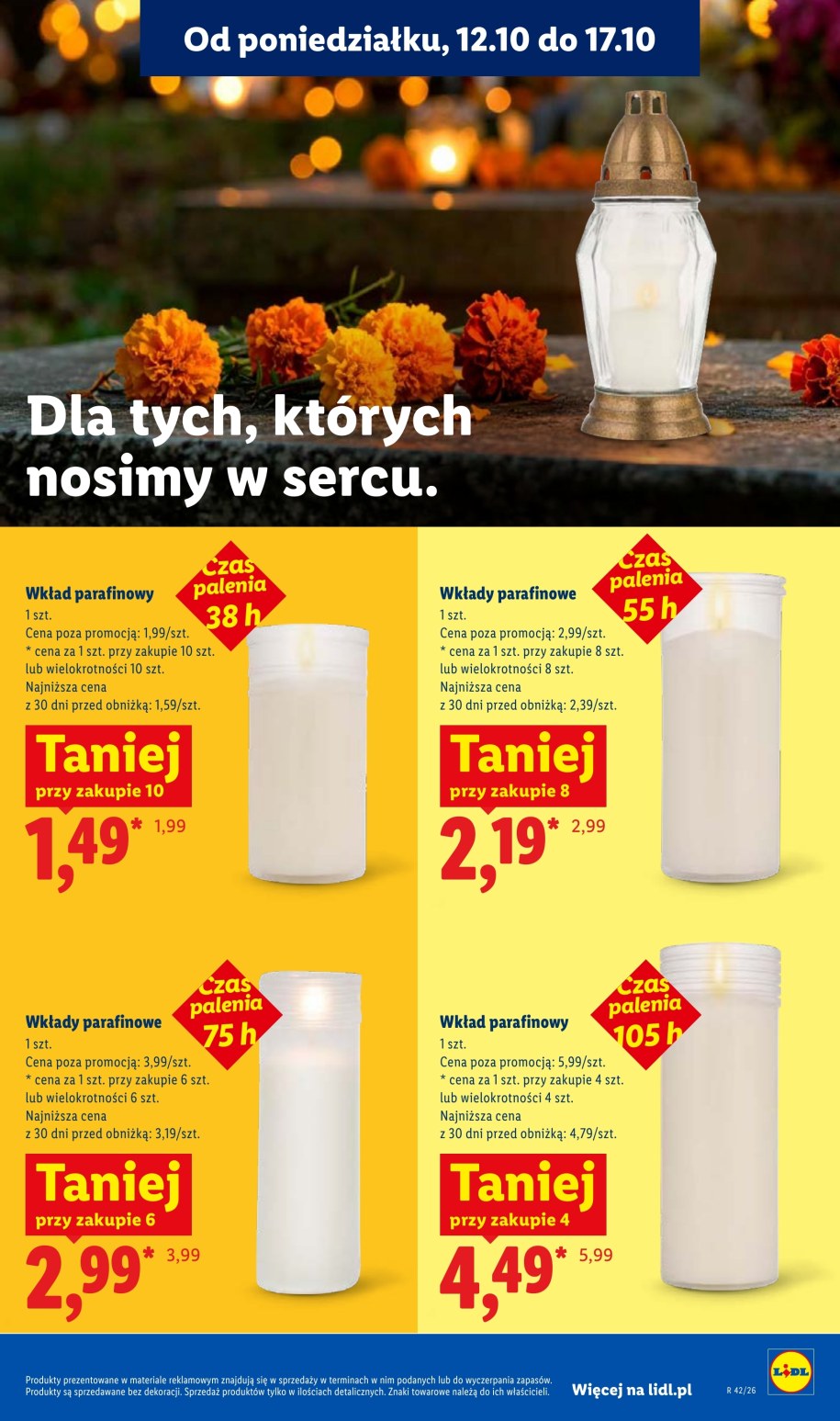 Strona gazetki Lidla z wkładami parafinowymi do zniczy na 38, 55, 75 i 105 godzin palenia