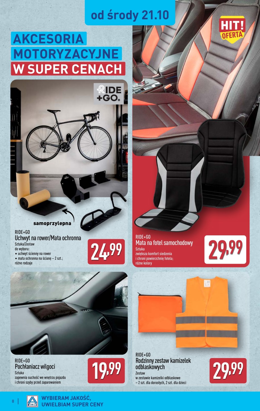 Strona gazetki Aldi z pochłaniaczem wilgoci za 19,99 zł, matą na fotel i zestawem kamizelek odblaskowych