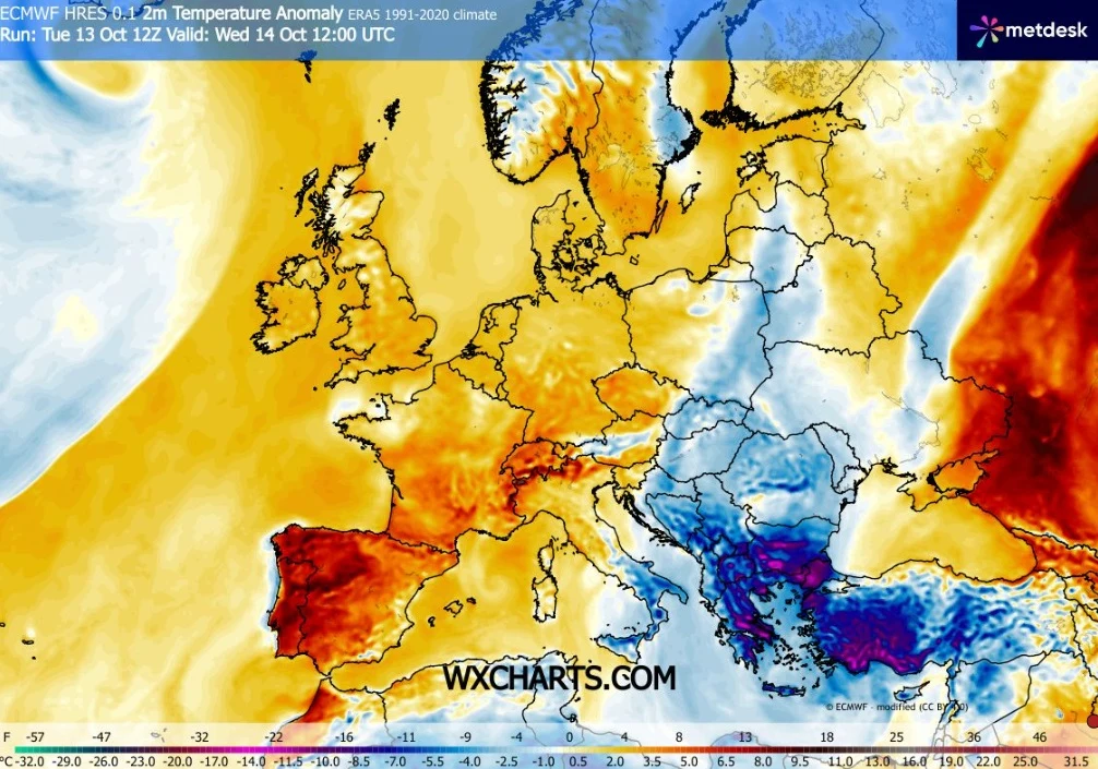 Mapa Europy z zaznaczonymi anomaliami temperatury powietrza; zachodnia część kontynentu, zwłaszcza Hiszpania, Francja i Wielka Brytania, oznaczone intensywnymi odcieniami czerwieni wskazującymi na wyższe niż normalnie temperatury, podczas gdy Europa Śr...