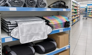 Srebrne osłony na szybę, holograficzne zasłony i podstawki dla dzieci na regale w dziale z akcesoriami samochodowymi 