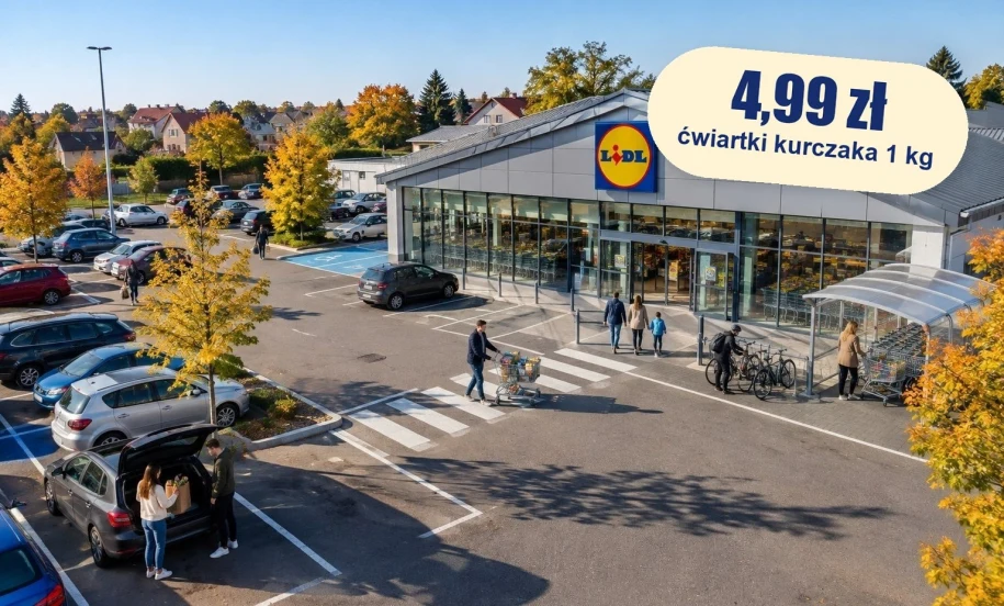 Tania sobota w Lidlu 17.10 Klienci z zakupami na parkingu przed sklepem Lidl w słoneczne jesienne przedpołudnie