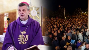 Biskup bielsko-żywiecki Roman Pindel i protest parafian w Grojcu po odwołaniu proboszcza (grafika ilustracyjna Geminii)