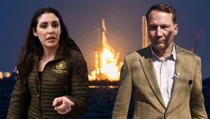 Anna Paulina Luna i Radosław Sikorski na tle startującej rakiety SpaceX (grafika ilustracyjna)