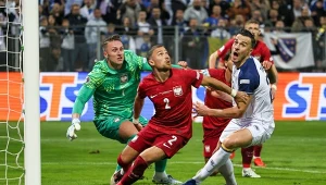 Kadr z meczu Polska - Bośnia