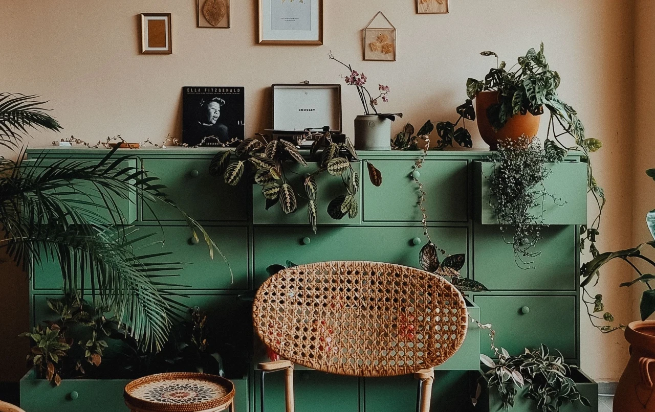 Kolor Webster Green będzie według marki Benjamin Moore kolorem 2027 roku Zielona komoda Webster Green z roślinami, rattanowe krzesło, kolorowy stolik i obrazki na ścianie.