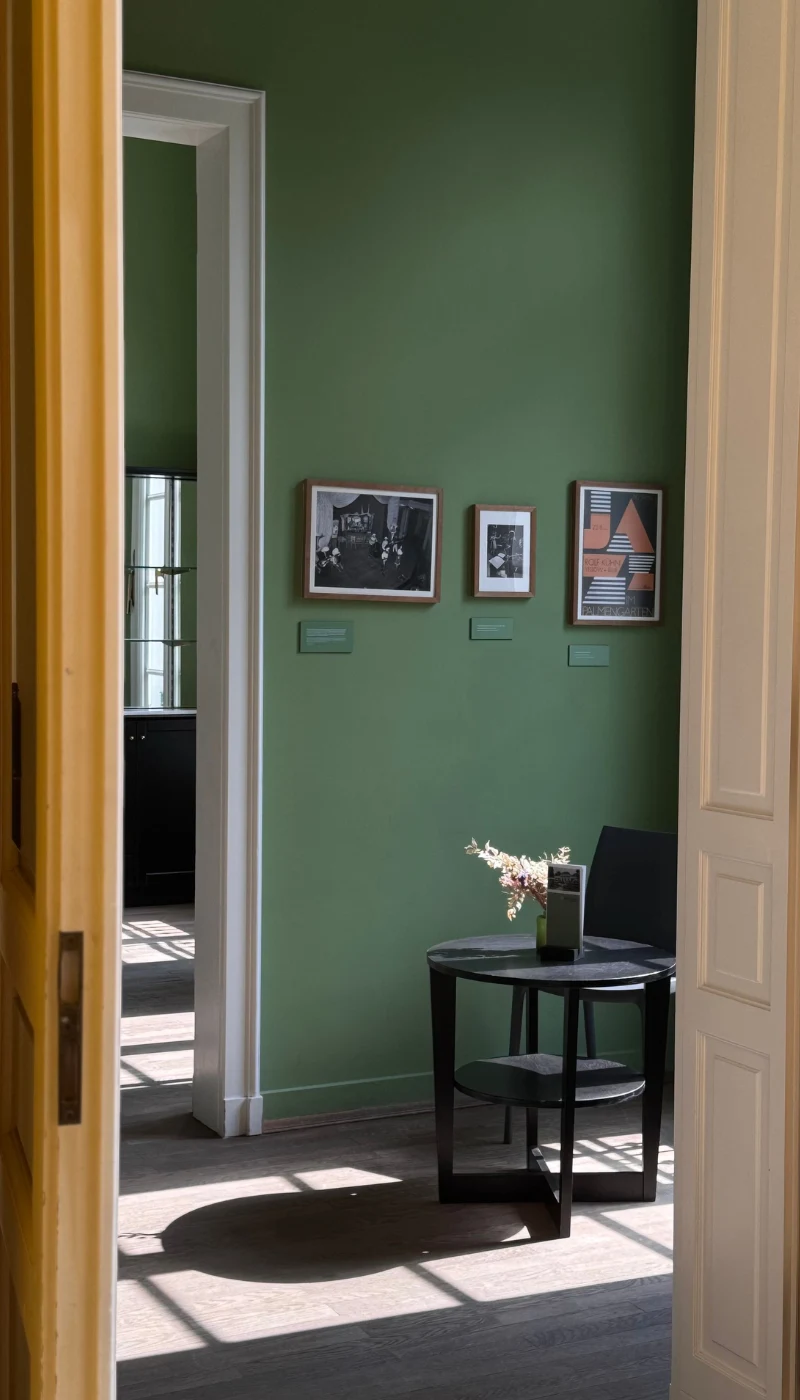 Webster Green to kolor roku 2027 według Benjamin Moore Okągły stolik z wazonem i kwiatami przy ciemnym krześle, zielona ściana z trzema ramkami zawierającymi zdjęcia i grafiki.