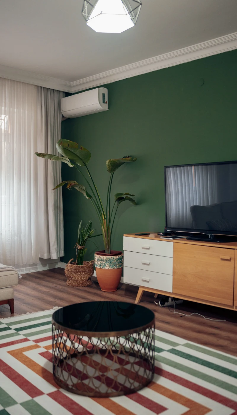 Webster Green nie jest tak mocny jak modny niedawno szmaragd, ani tak delikatny jak popularna szałwia Nowoczesny salon z zieloną ścianą, dużą rośliną doniczkową, niskim stolikiem na geometrycznym dywanie, komodą z telewizorem oraz białymi zasłonami w oknie.