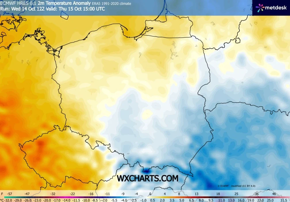 Na zachodzie temperatury będą wyraźnie wyższe niż we wschodniej Polsce - wynika z prognoz IMGW Mapa Polski z widocznym wyraźnym kontrastem temperatury, gdzie zachodnia część kraju oznaczona jest odcieniami żółci i pomarańczu wskazującymi na wyższe anomalie temperatury, natomiast wschodnia i południowo-wschodnia część pokryta jest odcieniami błęk...