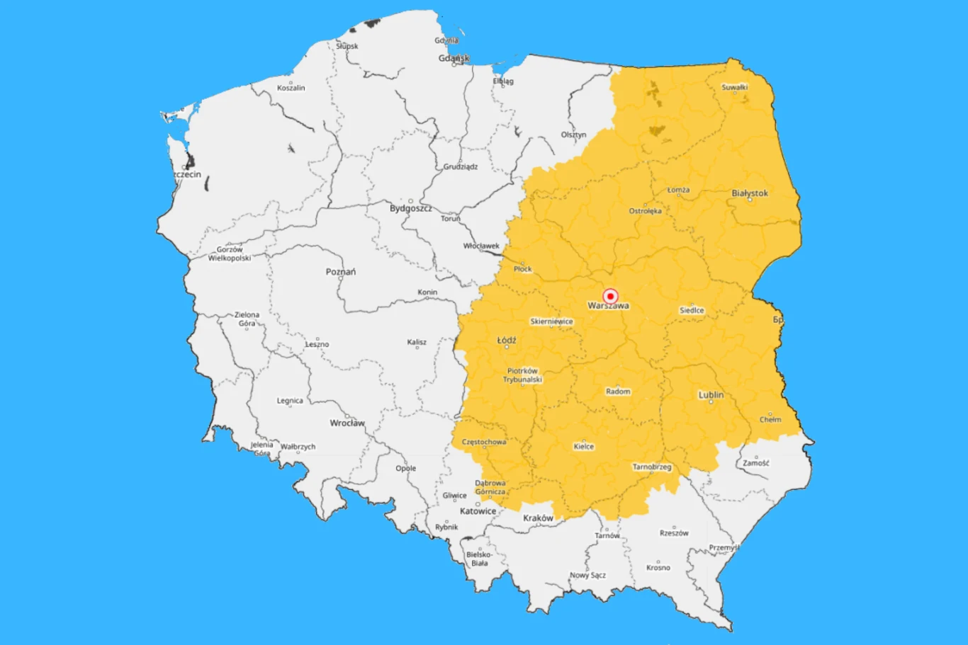 Wschodnia część Polski zaznaczona na żółto na mapie, z wyraźnym podziałem na dwie strefy oraz zaznaczonym położeniem Warszawy.