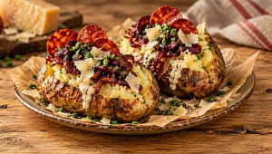 Pieczone ziemniaki z sosem z parmezanu, karmelizowaną cebulką i chipsami z chorizo