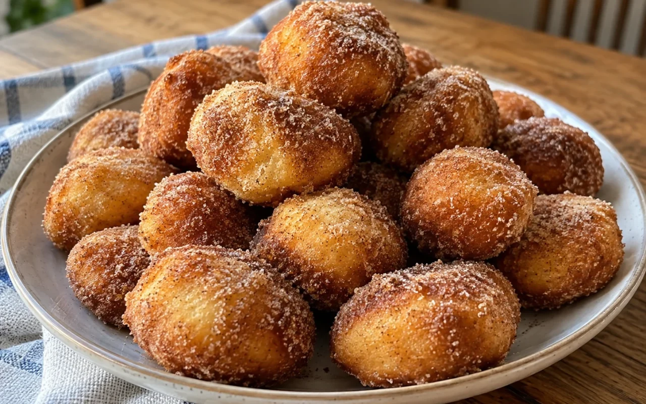 Minipączki twarogowe w cukrze cynamonowym Stos apetycznych, złocistych pączków otoczonych warstwą cukru, ułożonych na białym talerzu na drewnianym stole.