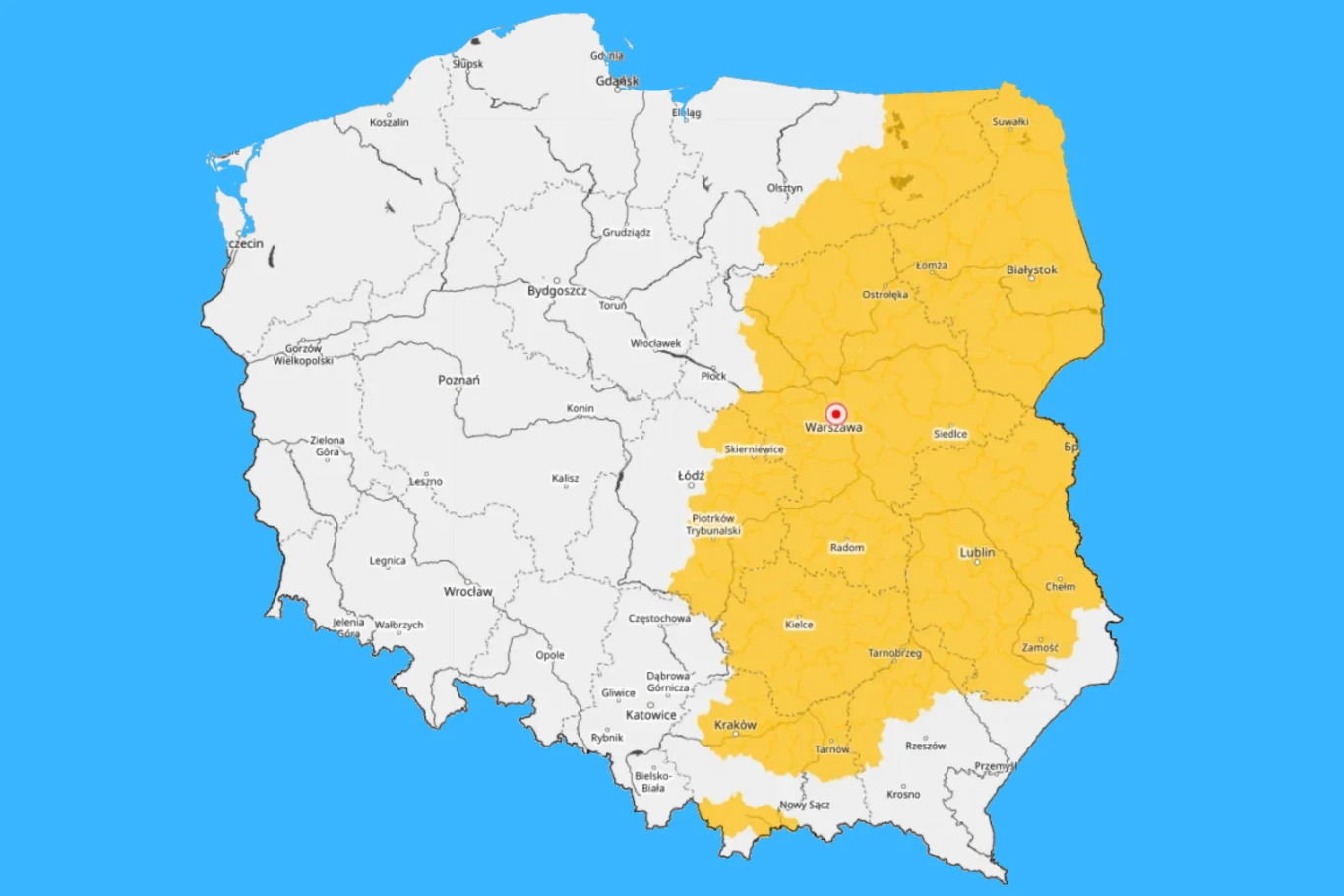 Gęsta mgła w nocy opanuje wschodnią Polskę - wynika z ostrzeżeń IMGW Wschodnia część Polski zaznaczona kolorem żółtym, z granicą wyraźnie oddzielającą ją od zachodniej części kraju, na mapie widoczne główne miasta oraz granice województw.