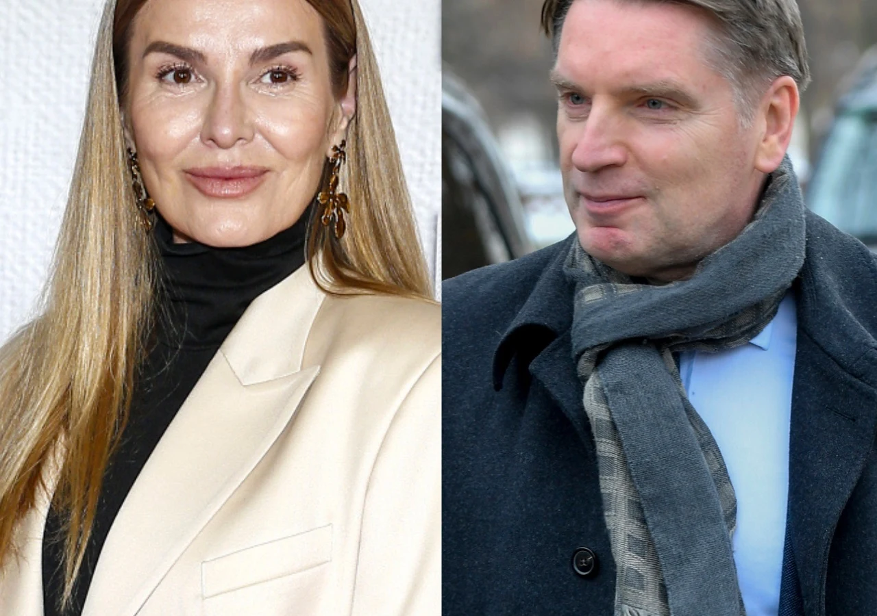 Hanna Lis, Tomasz Lis Hanna Lis w jasnej marynarce i czarnym golfie obok Tomasza Lisa w ciemnej marynarce i szarym szaliku.