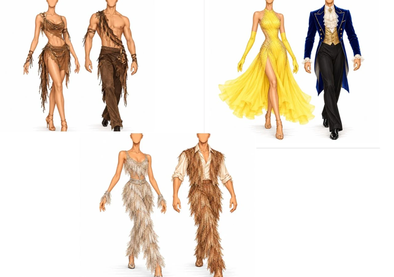 "Disney night" w "Tańcu z gwiazdami" Pięć stylizowanych postaci w strojach tanecznych: para w skórzanych, postrzępionych ubraniach inspirowanych prehistorią, para w eleganckich, błyszczących kostiumach z frędzlami w odcieniach beżu i złota oraz para, gdzie kobieta ma długą żółtą suknię i ...