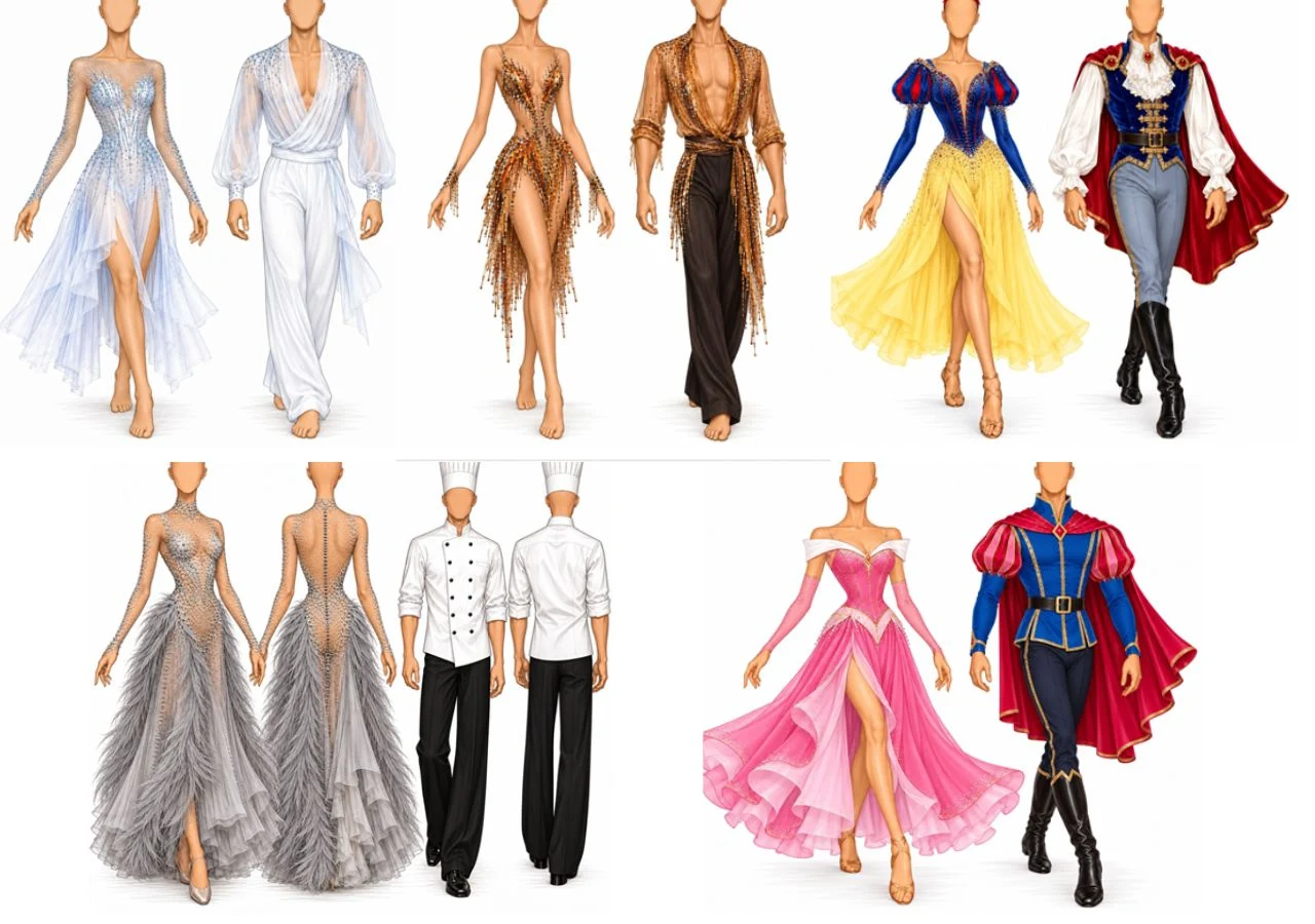 "Disney night" w "Tańcu z gwiazdami" Sześć par manekinów ubranych w fantazyjne kostiumy inspirowane bajkami i tańcem, w tym suknie balowe, stroje kucharskie oraz stylizacje bohaterów księżniczek i książąt, dominują pastelowe kolory, cekiny i tiulowe materiały.