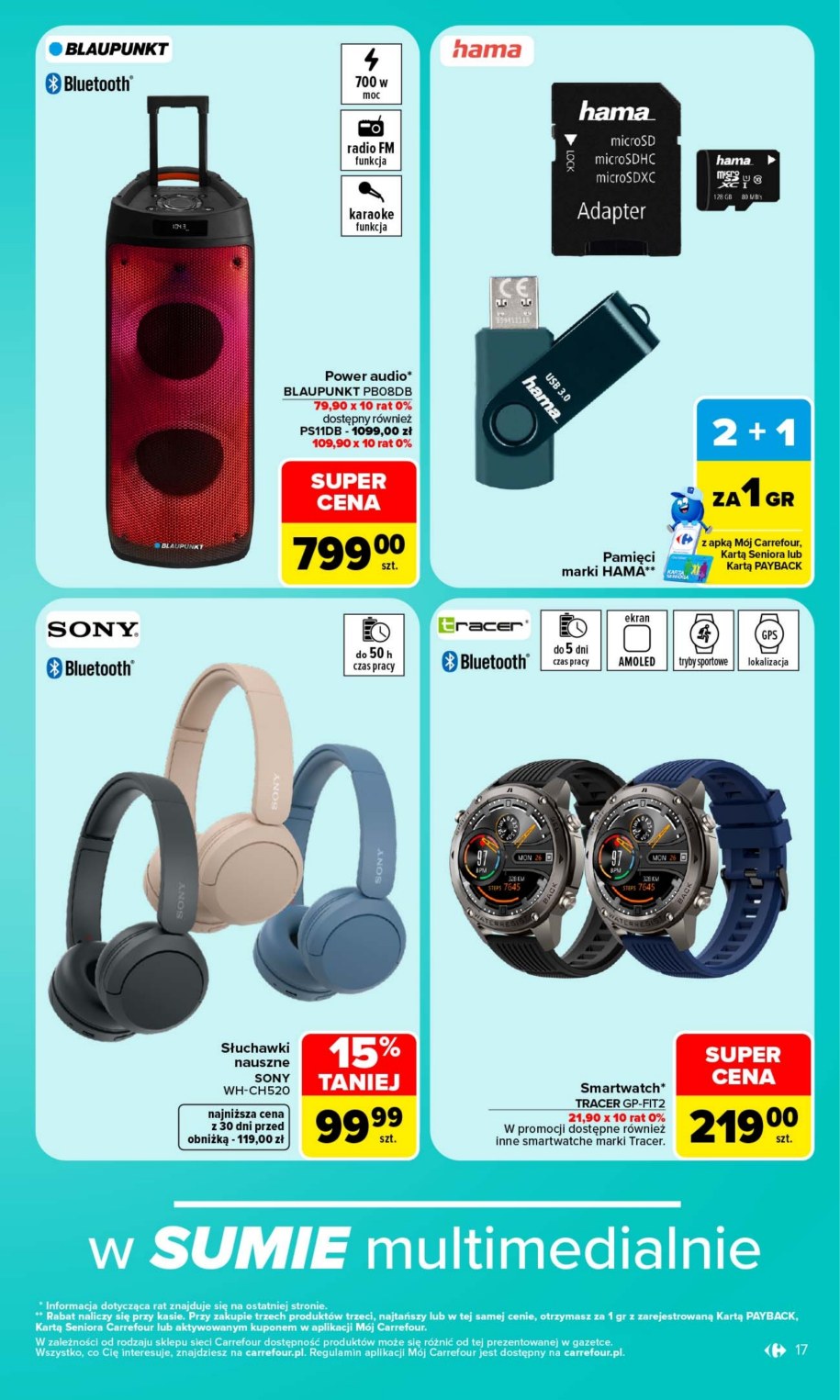 Strona gazetki Carrefour ze słuchawkami Sony WH-CH520 za 99,99 zł, głośnikiem Blaupunkt i smartwatchem Tracer