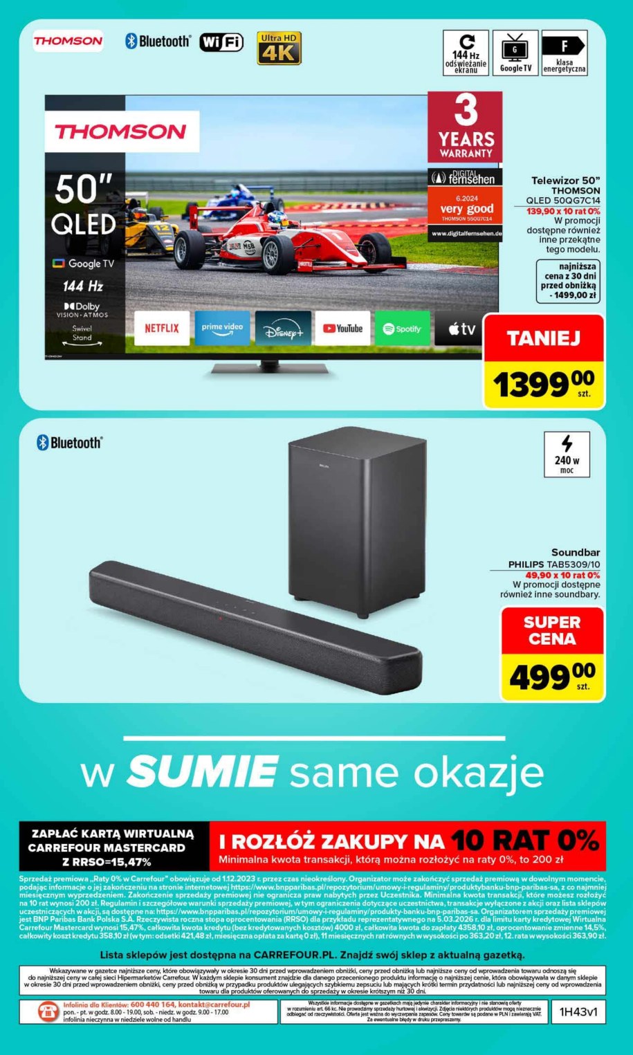 Strona gazetki Carrefour z telewizorem Thomson 50 cali QLED za 1399 zł i soundbarem Philips za 499 zł