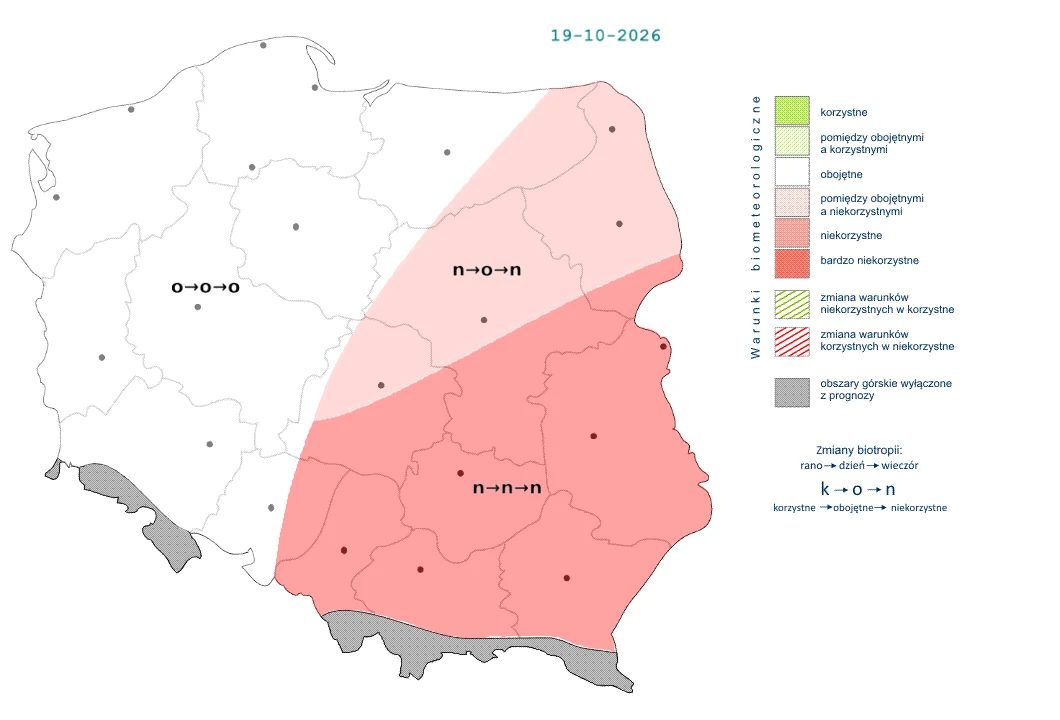 Pogoda w poniedziałek najmniej przyjazna będzie na wschodzie, gdzie oddziaływanie niżu będzie najsilniejsze Kolorowa mapa Polski z wyraźnym zaznaczeniem obszarów biometu niekorzystnego i bardzo niekorzystnego w środkowej i wschodniej części kraju oraz neutralnego w części zachodniej, uzupełniona legendą wyjaśniającą znaczenie zastosowanych oznaczeń i kolorów.