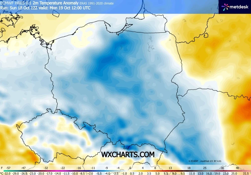 Poniedziałek będzie chłodny w całym kraju. W wielu miejscach będzie mniej niż 10 stopni Mapa przedstawia anomalię temperatury powietrza nad Polską i krajami sąsiednimi, z zaznaczonym intensywnym obszarem chłodniejszym od normy w centrum i na południu Polski oraz cieplejszymi regionami na zachodzie i wschodzie Europy.