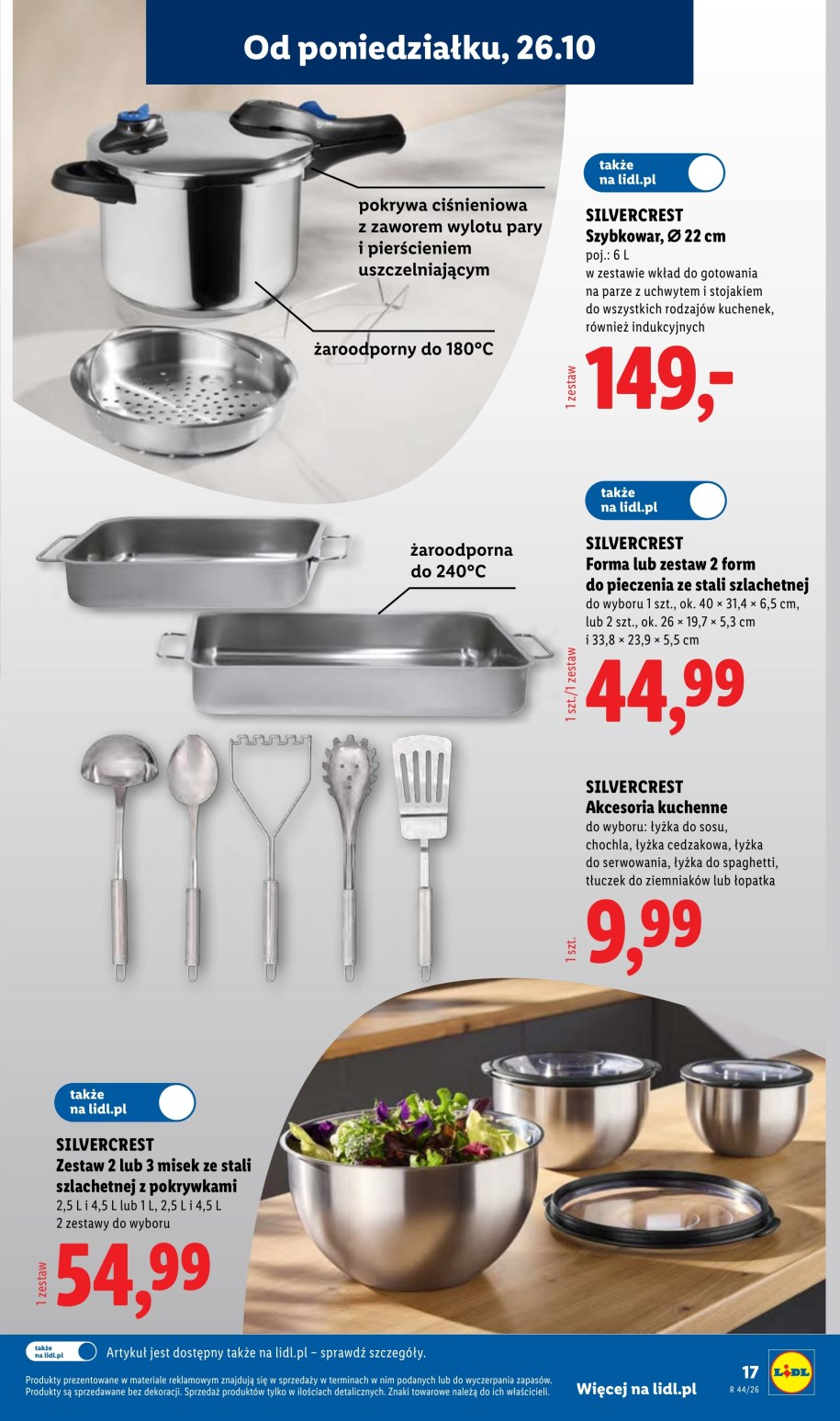 Strona gazetki Lidla z szybkowarem SilverCrest 6 l za 149 zł, formami do pieczenia i miskami ze stali