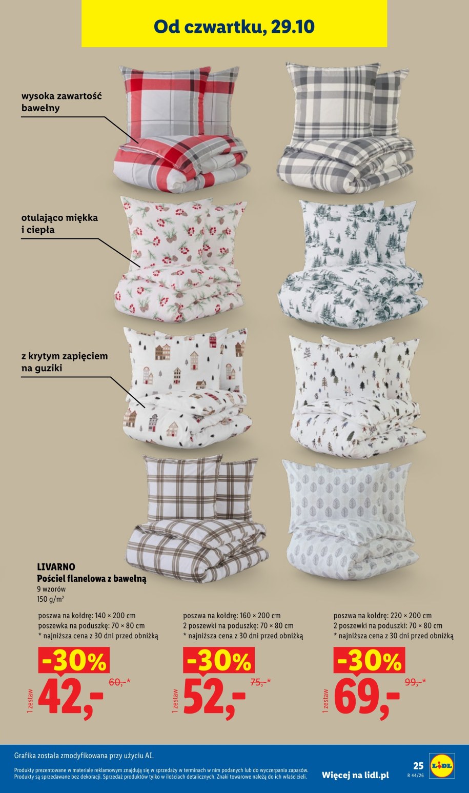 Strona gazetki Lidla z pościelą flanelową Livarno 150 g/m² w 9 wzorach za 42, 52 i 69 zł od 29 października