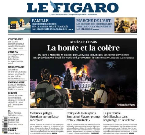 Okładka francuskiego dziennika "Le Figaro" po weekendowych zamieszkach. "Wstyd i gniew". Pierwsza strona francuskiego dziennika "Le Figaro" z nagłówkiem "Wstyd i gniew" oraz zdjęciem pożaru podczas zamieszek.