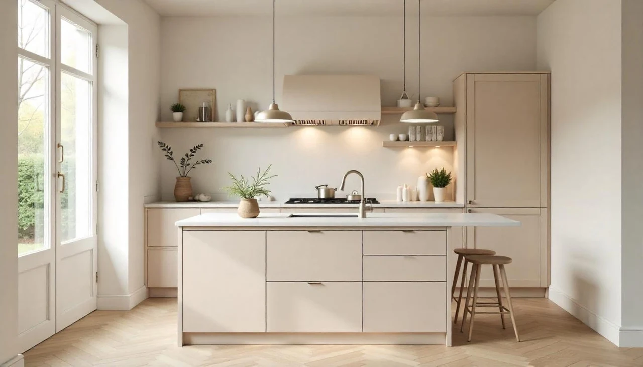 Jasna, minimalistyczna kuchnia z wyspą na środku, pojemnymi szafkami, nowoczesnym kranem, otwartymi półkami z ceramiką i roślinami oraz drewnianym stołkiem przy blacie.