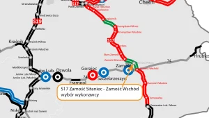 Budowa drogi S17. Na czerwonow fragmenty w budowie, na zielono - w przetargu, a na czarno - istniejące