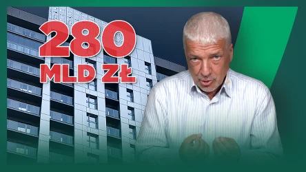 Mężczyzna w jasnej koszuli na tle nowoczesnego budynku z dużym czerwonym napisem „280 mld zł”.